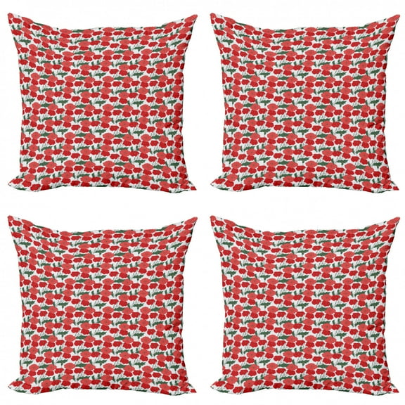 Ambesonne Poppy Flower Throw Pillow Cover 4 Pack, Blossoming of Spring, 24", Coral Vermilion Green