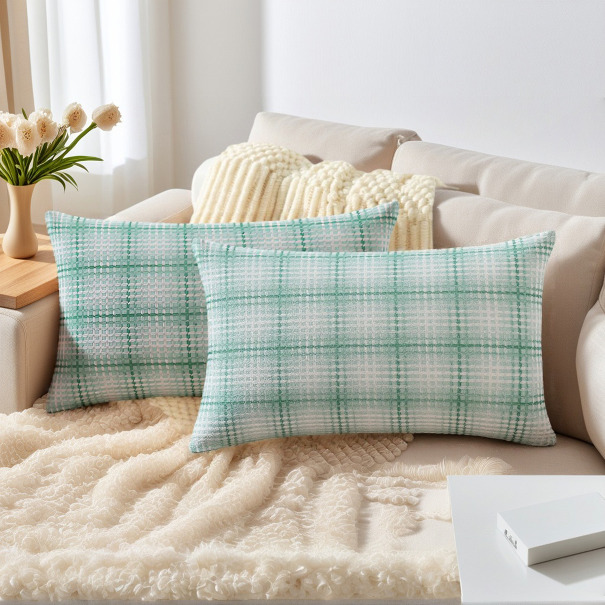 Unique Bargains Plaid Decorative Throw Pillow Covers Pack of 2 Mint Green 20" x 12"