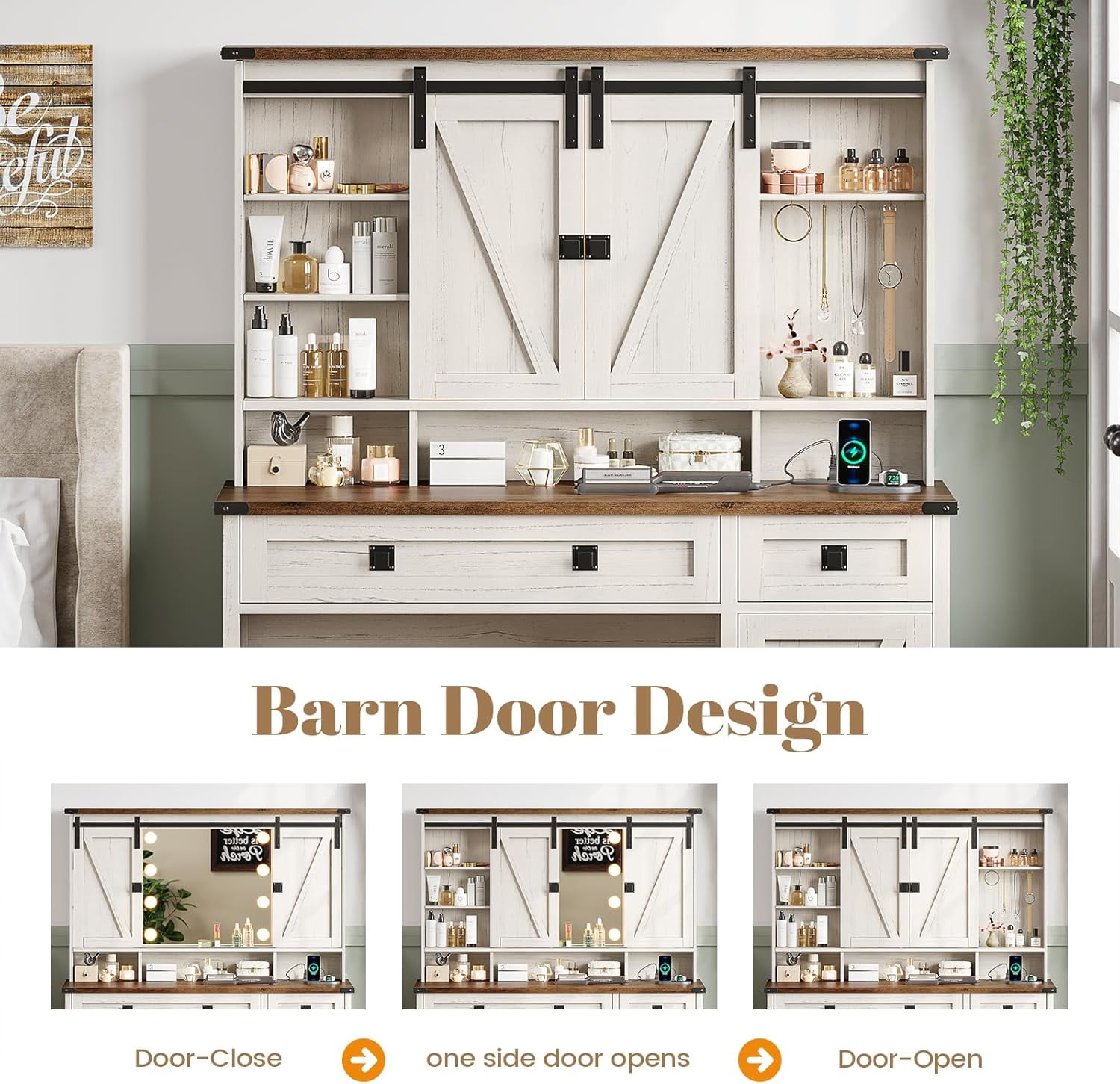 Aogllati Farmhouse White Vanity Table with Lights, Mirror, and Storage