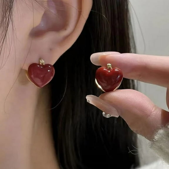 Big Red Heart Stud Earrings for Women, Sparkling Rhinestone Earrings