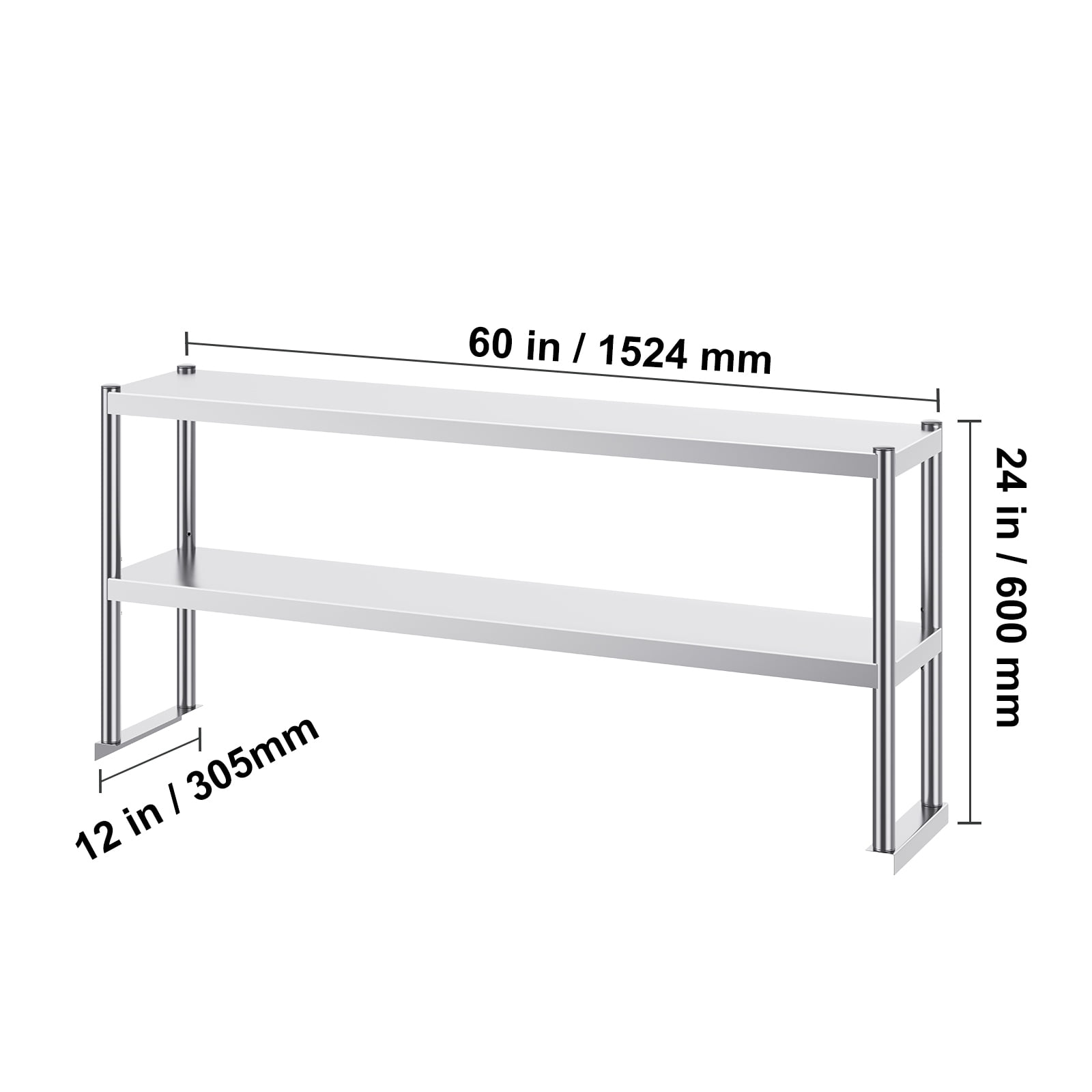 KFFKFF Dual-Level Shelf, Stainless Steel, 12x60 Inch, Adjustable Height, for Kitchen, Restaurant, Workshop