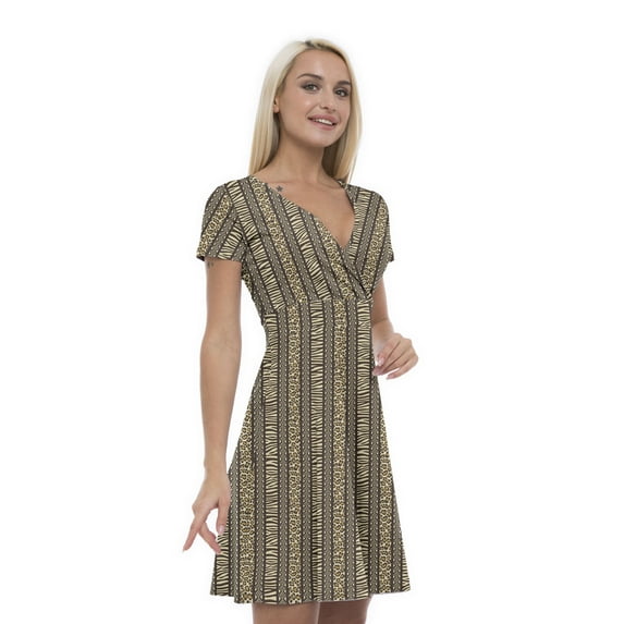 Women’s A Line Striped Summer Dress, Retro Triangle Arrangement, Cross Wrap V Neck, 6 Sizes, by Ambesonne