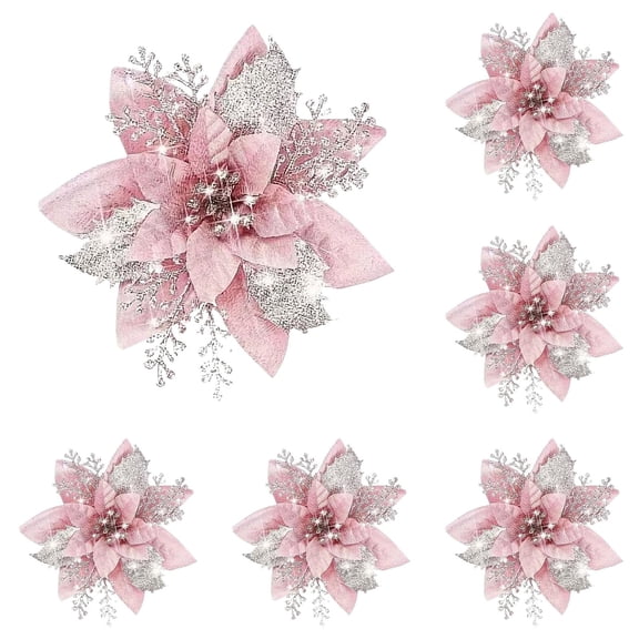 12 Pcs 5.7 Inch Pink Glitter Poinsettia Christmas Flowers with Clips for Tree Wreath Garland Centerpiece Holiday Party Decor