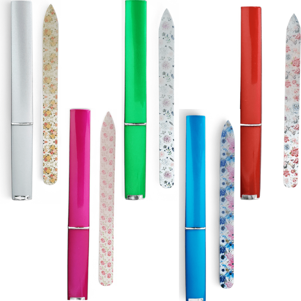 Full Bloom 5-Pack Glass Nail Files Set with Cases - Professional Etched Glass Manicure Files with Floral Designs - Gentle Nail Care Tools for Natural & Artificial Nails