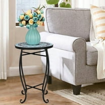 BAYUELSWU Outdoor Side Table Mosaic Round Tile Top Indoor and Outdoor Accent Table, Metal Frame Small End Tables for Living Room, Bedroom, Yard, Garden, Porch (Blue Ocean)