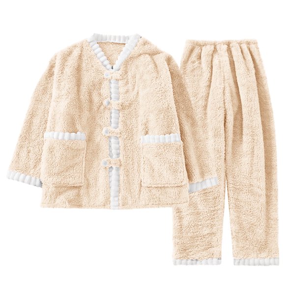 Xfvqtps Fluffy Pajamas Set for Women Open Front with Button Pockets Long Sleeve Fleece Loose Thickened Cozy Soft House Wear Casual Warm Winter Fuzzy Loungewear Beige