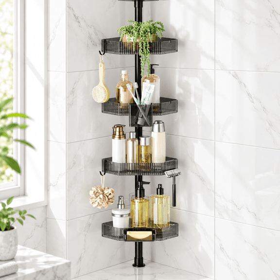 Yeabett Shower Caddy with Tension Pole,4-Tier Adjustable L-Shaped Corner Shower Organizer,Stainless Steel Pole,Includes Towel Bar and Hooks,Space Saving for Bathroom Bathtub Storage,34-125 Inch