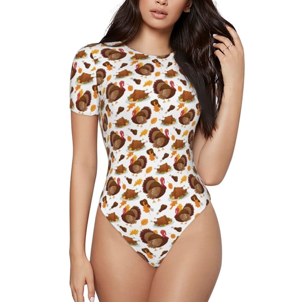 Fotbe Turkey And Thanksgiving3 Body de Mujer con Cuello Redondo y Mangas Cortas, Sin Mangas Ajustado, Suave, Cómodo y Básico-Large