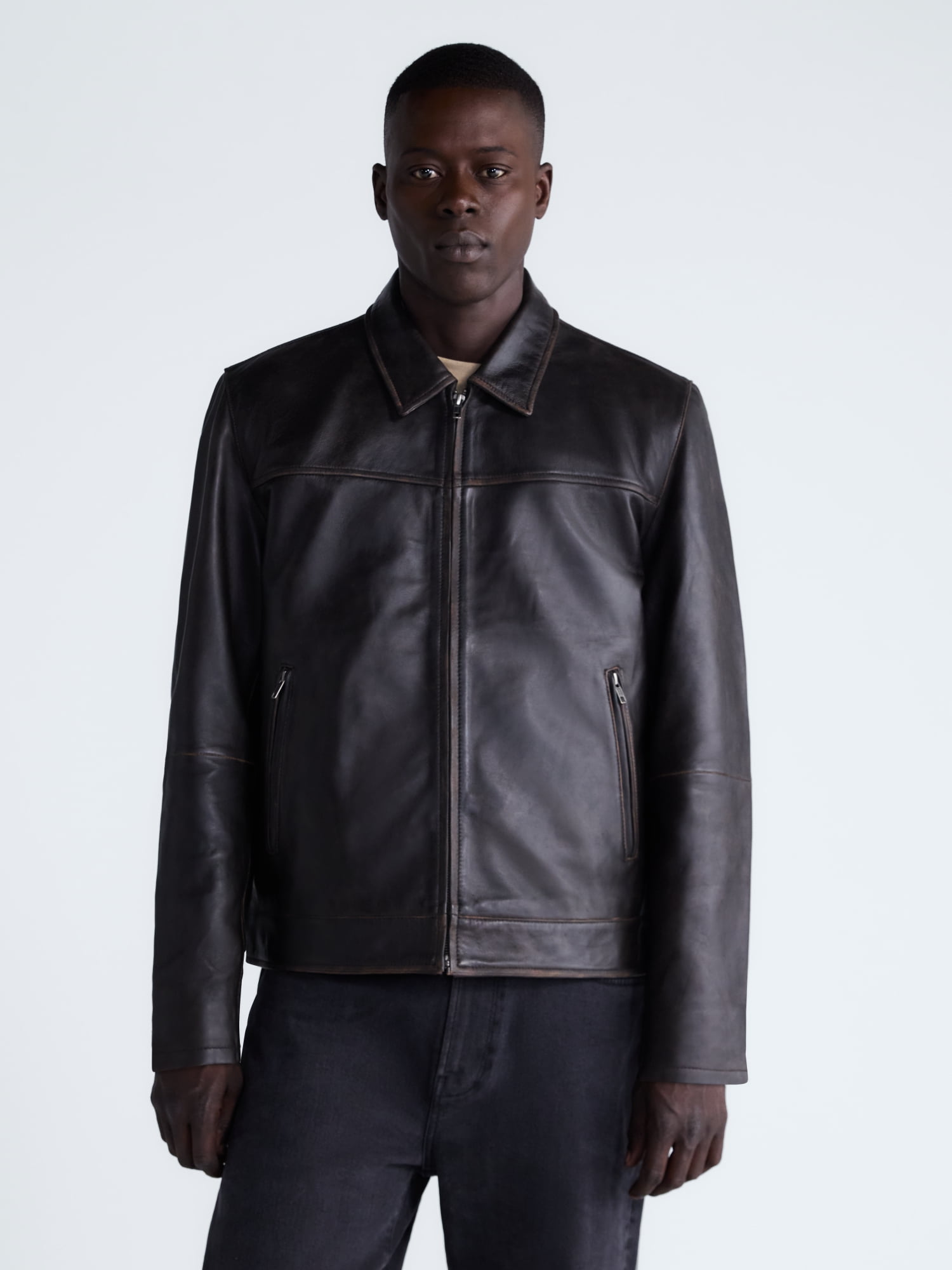 Free Assembly Men's Leather Jacket with Zip Pockets, Sizes XS-2XL