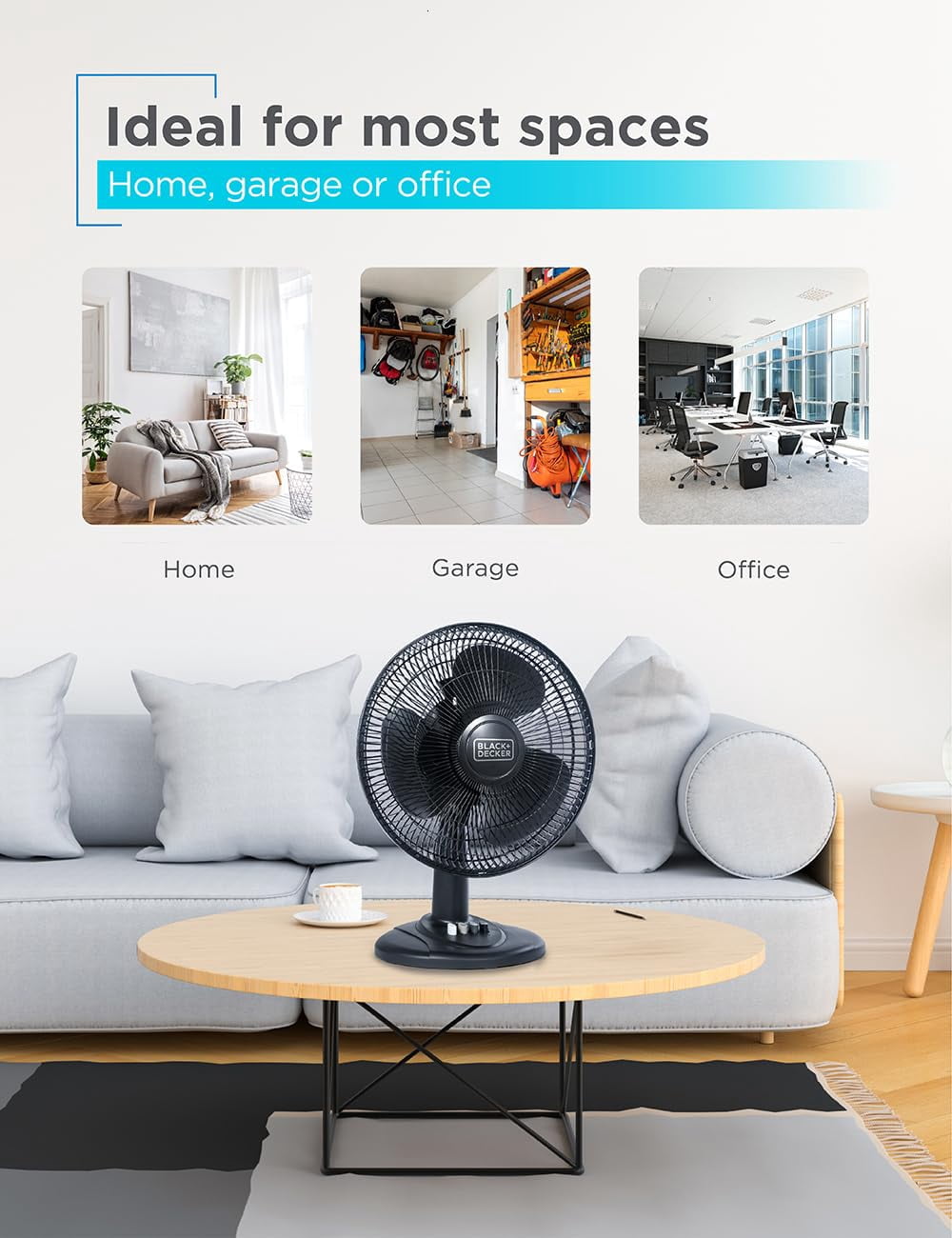 BLACK+DECKER Desk Fan for Home and Office, 12" Fan with 3 Speed Settings, Oscillating Portable Fan for Office Desk, Table Top and Kitchen Table with Adjustable Tilt, White