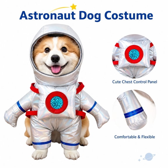Astronaut Pet Costume Metallic Space Suit Outfit with Hood for Small Medium Dogs Cats Halloween Dress Up