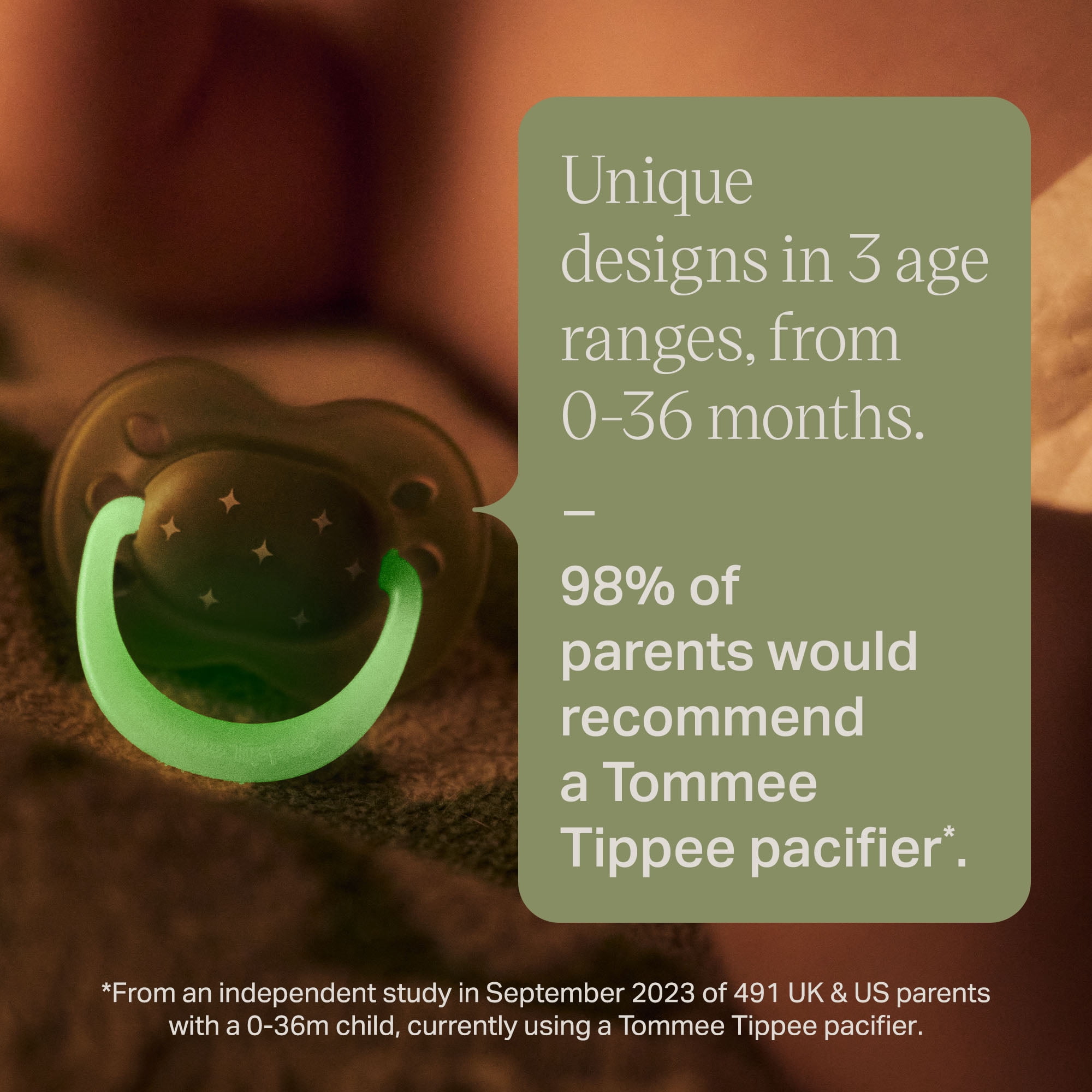 Tommee Tippee NightGlow Pacifier, 18-36 Months, 2 Pack, Glow in the dark, Reusable sterilizer case, 100% BPA Free, Forest Floor and Midnight Sky