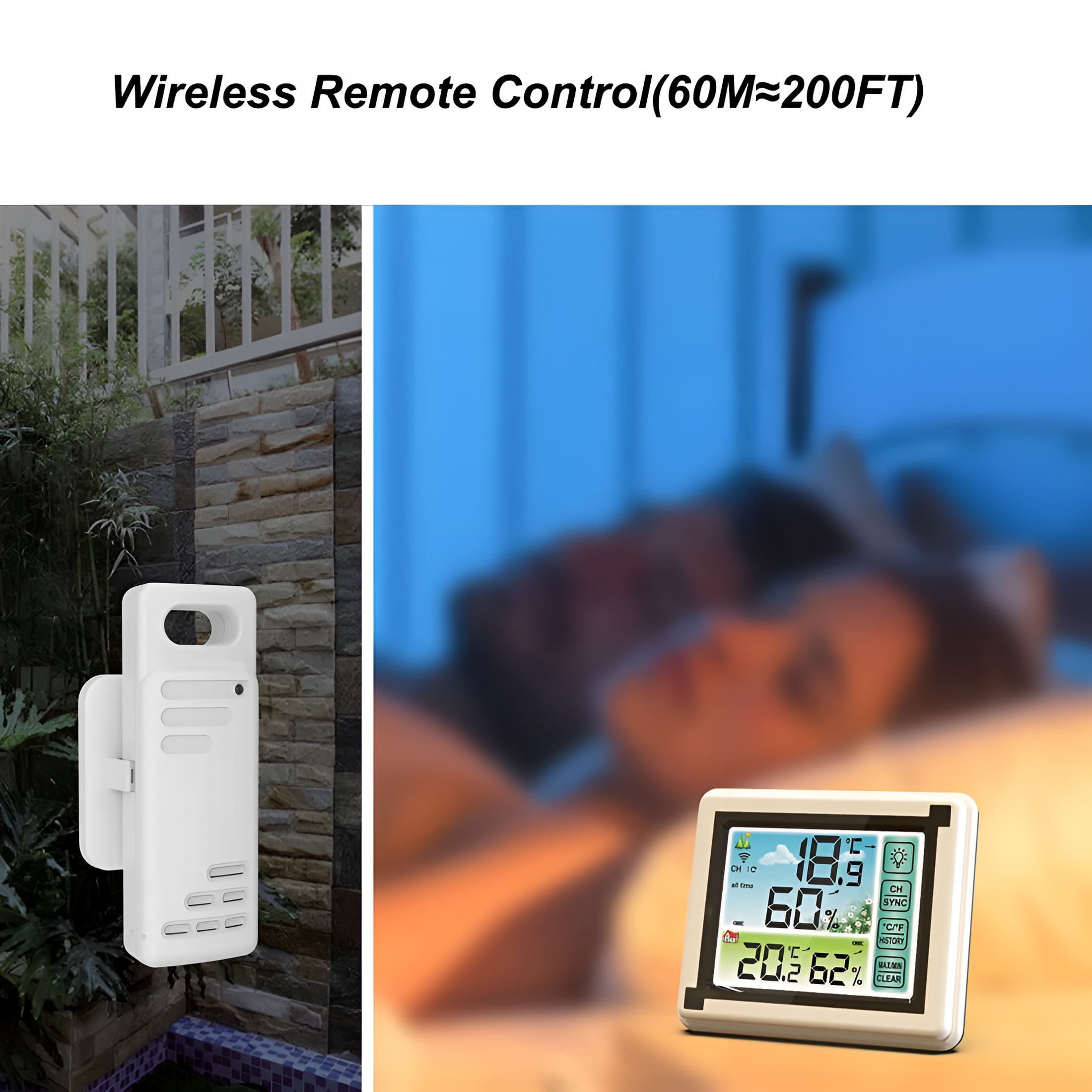 GJX Weather Station Clock Indoor Outdoor Wireless Thermometers Large Screen Display Touch Control Backlight Memory Function with 1 Waterproof Sensors