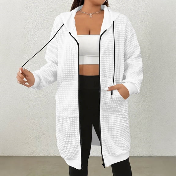 HongQid Women's Zip Up Hoodies Long Sleeve Long Tunic Sweatshirts Oversized Casual Waffle Fall Jacket Coat with Pocket
