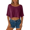 thumbnail image 4 of Crop Tops for Women Boat Neck Elbow-Length Cropped T-Shirt Solid Color Oversized Tee Shirts, Wine L, 4 of 6