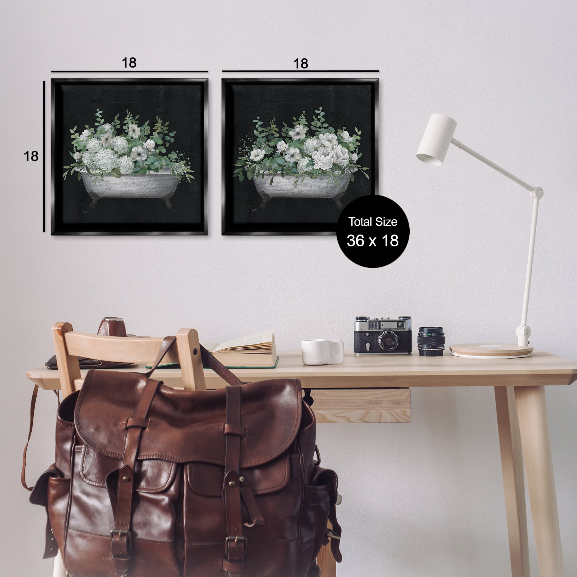 Stupell Industries Filled White Floral Soaking Tub Bath & Laundry Painting Black Floater Framed Canvas Art Print Wall Art, 18 x 18, Set of 2