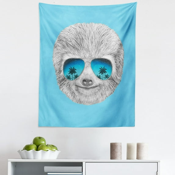 Sloth Tapestry, Portrait of Sloth with Mirror Sunglasses Exotic Palm Trees Hawaiian Beach Hipster, Fabric Wall Hanging Decor for Bedroom Living Room Dorm, 5 Sizes, Grey Blue Aqua, by Ambesonne