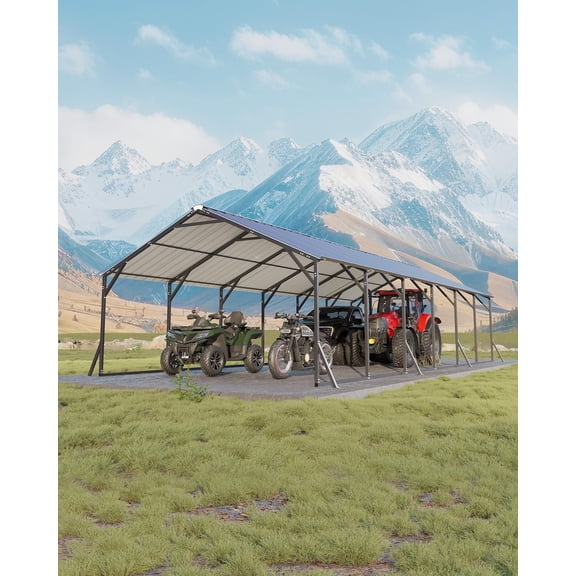 Heavy Duty Steel Metal Carport 20x30x12 - Outdoor Storage Shelter with Vertical Roof - All-Weather Protection for Multiple Vehicles, Pickup Trucks, Boats, Tractors - Grey