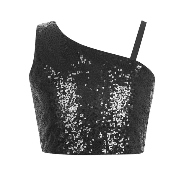 JanJean Girls Sequin Crop Top Kids Off Shoulder Sparkly Pageant Prom Party Glitter Tank Tops Black 8