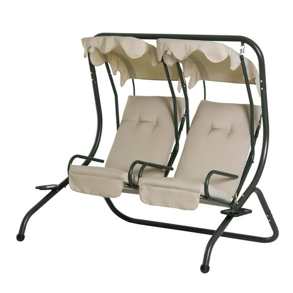 Resenkos Dual-Seat Swing Chair, Outdoor Glider With Detachable Roof & Cup Holders, Perfect for Porch, Garden, Beige
