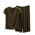 thumbnail image 2 of Nuoqisi Womens Lounge Set 2026 Summer 2 Piece Outfits Solid Short Sleeve Round Neck Tops & Wide Leg Capri Trousers Matching Modal Sets Clothing, 2 of 3
