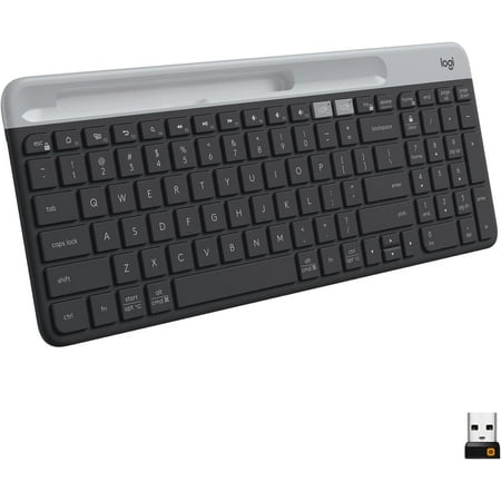 Used Logitech K585 Multi-Device Slim Wireless Keyboard, Built-in Cradle for Device; for Laptop, Tablet, Desktop, Smartphone, Win/Mac- Graphite