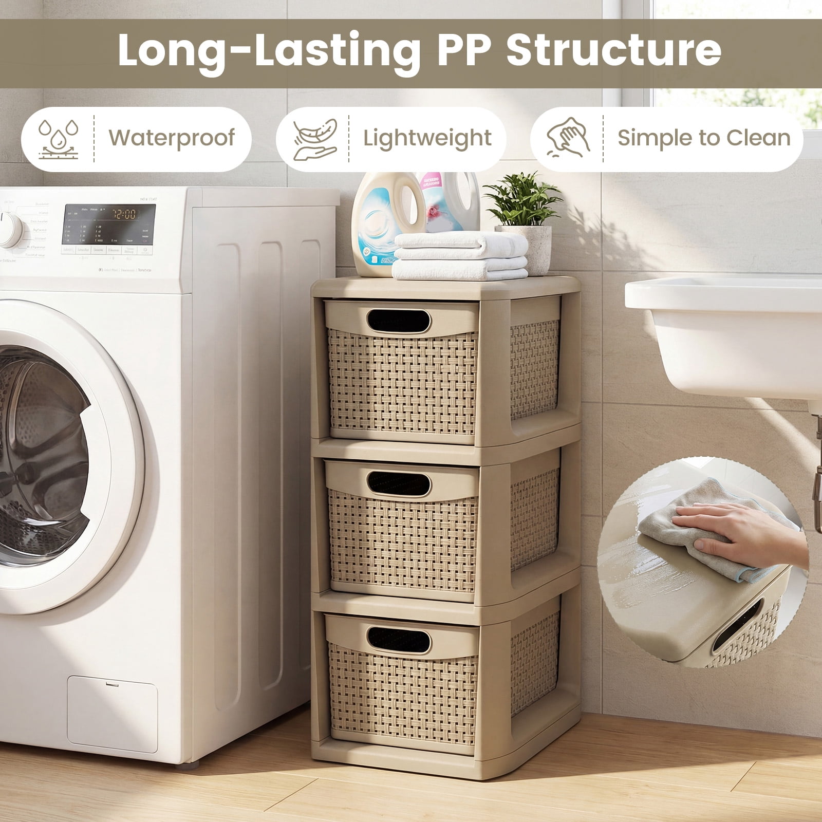 Costway 1 PCS 3-Drawer Storage Cabinet with Wicker Patterns, Handles for Bedroom, Bathroom Tan