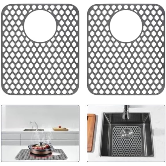 2 Pack Silicone Sink Protector Mat, 12x14 Inch with Drain Hole - Non-Slip, Heat Resistant Pad for Farmhouse & Stainless Steel Sink Bottom, Dishwasher Safe