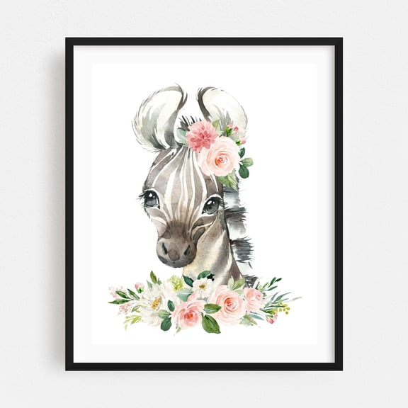 Zebra, Jungle Animals, Safari Animals, Pink Flowers, Girl Nursery - Illustration Watercolor Floral Animal Botanical Whimsical Black Framed Wall Art Print 9 x 12 inches