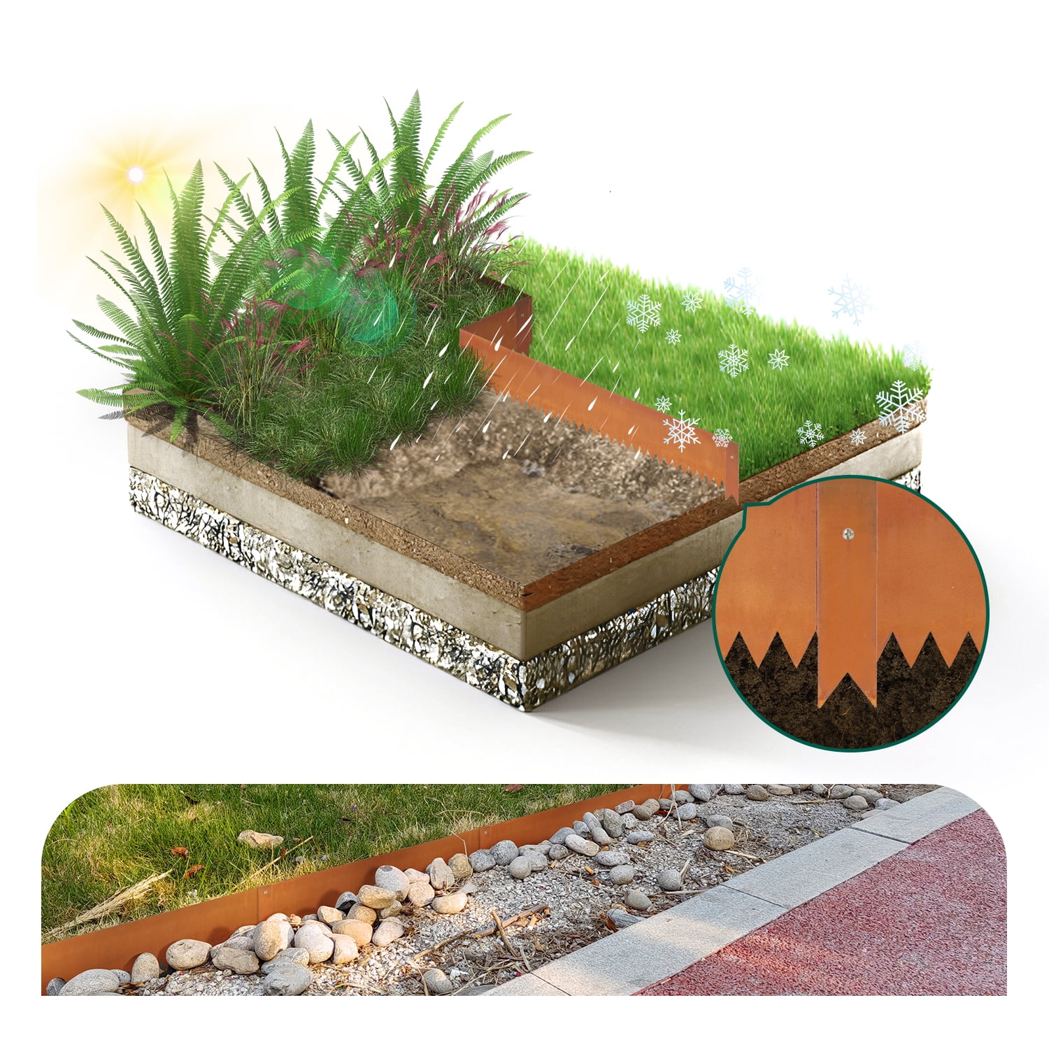 20FT Silver Edging for Landscaping Metal Corten Steel Garden Divider Flower Bed Fence DIY Landscape Strips Bendable Stakes Edge for Pathway Lawn Grass Plant Yard Outdoor Hammer-in, 6"