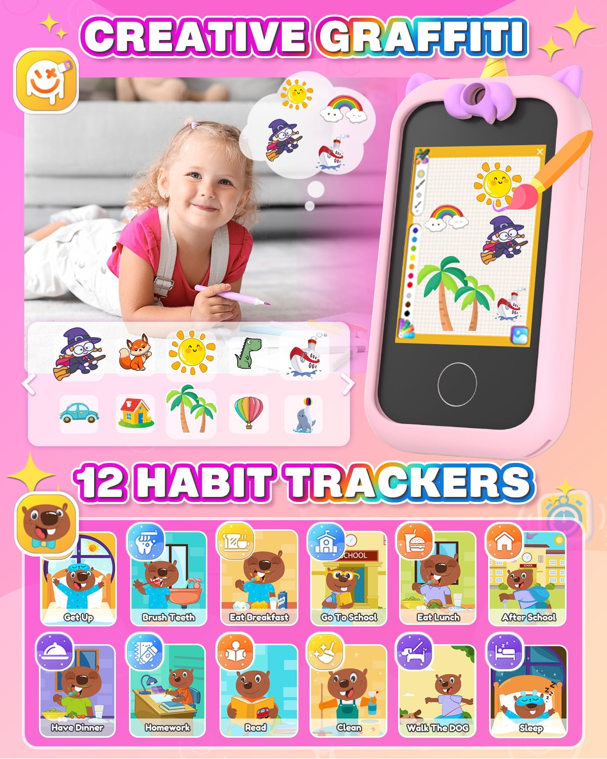 Prysyed Kids Toy Phone for Toddlers 3.5" Touchscreen, Christmas Birthday Unicorns Gifts for 3 4 5 6 7 8 Years Old Girls, Electronic Learning Toy for Girls Age 3-11 with Dual Camera 8G SD Card