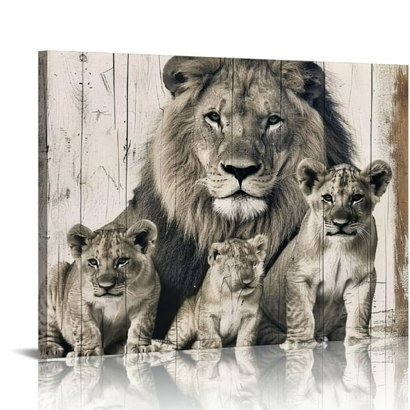 COMIO  - Modern Animal Wall Art Black and White Lion Family Pictures with Wood Background Canvas Painting for Living Room Bedroom Decor Gallery Wrap Ready to Hang