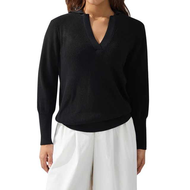 VISgogo Jersey de punto de otoño invierno para mujer Color sólido Manga larga Solapa Corte en V Suéter VISgogo moda