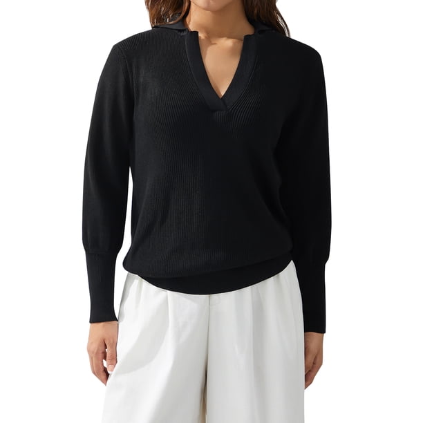 VISgogo Jersey de punto de otoño invierno para mujer Color sólido Manga larga Solapa Corte en V Suéter VISgogo moda