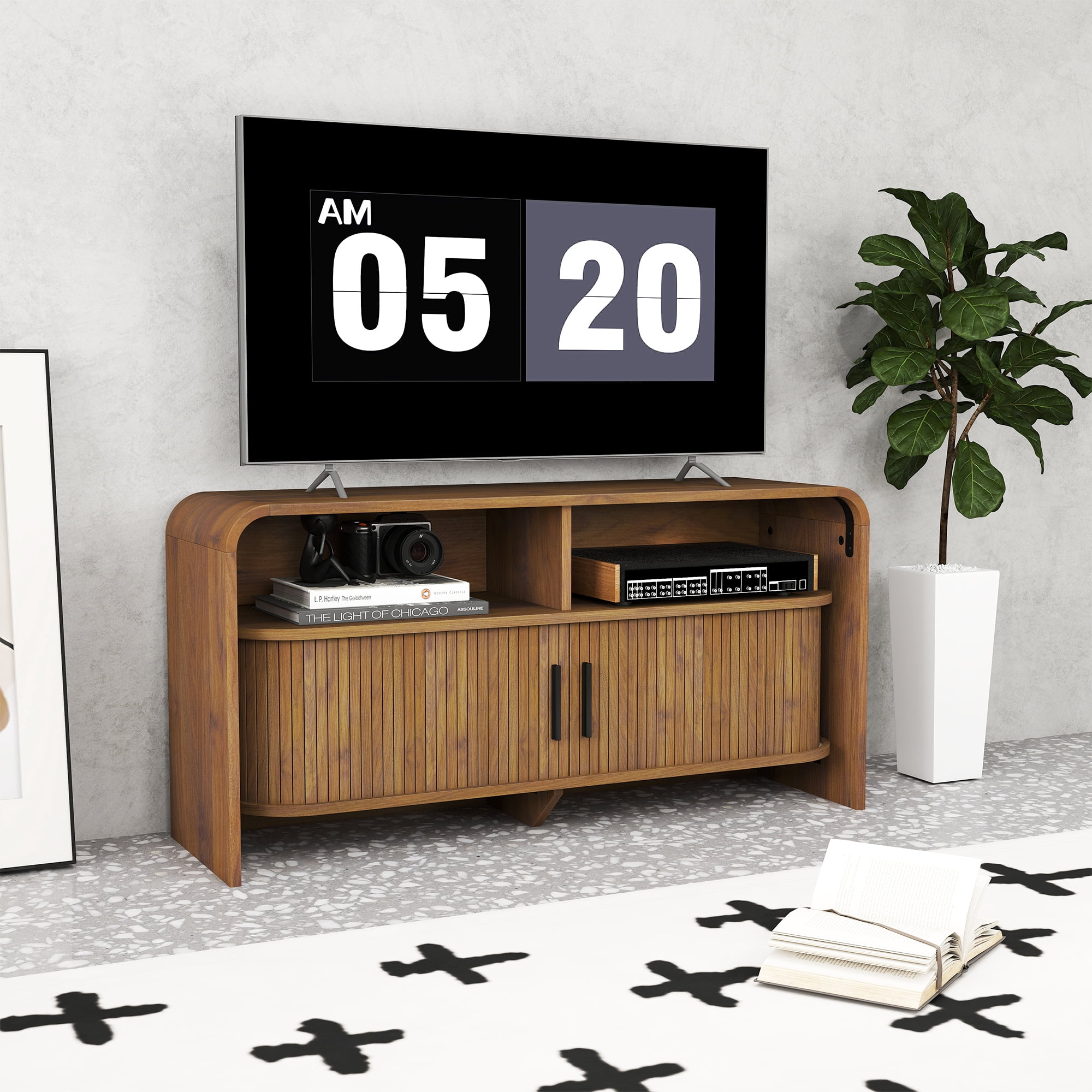 Mid Century Modern TV Stand for Bedroom, Small Fluted Entertainment Center for TVs up to 43 Inch, Media Console with Sliding Doors for Living Room, Walnut