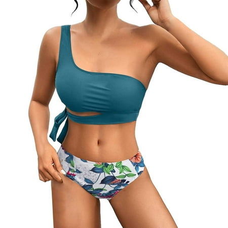 Swimsuits For Women One Shoulder High Waisted Bikini Tie High Cut Print Blue Women Bathing Suits XL
