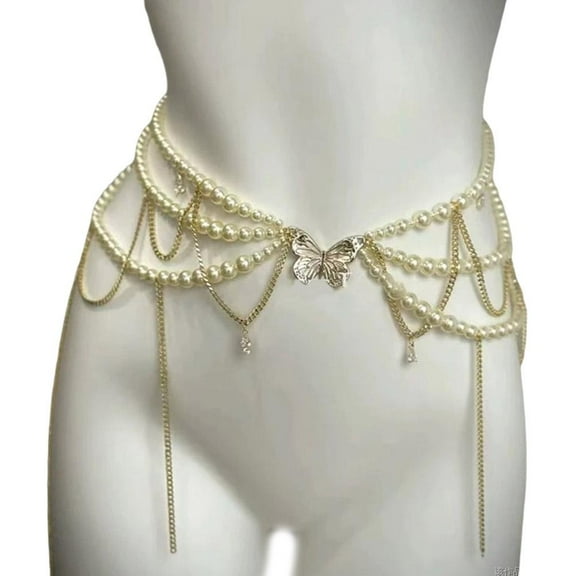 Women Multi-Layered Long Metal Big Pearl Waist Chain Pearl Waistband Bikini A0L9