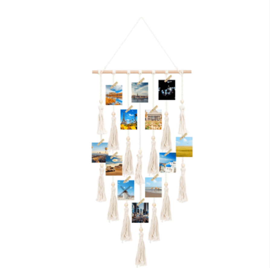 Wall Hanging Family Photo Display Board Macrame Picture Frames with Peg Clips 