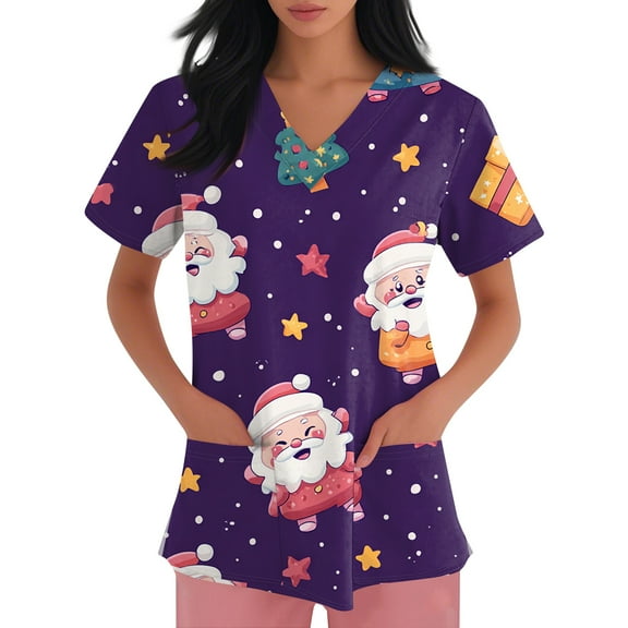 Homozy Christmas Short Sleeve Graphic Black Scrub Tops for Women Christmas Tree Printed Nurse Tops with Pockets Fall Holiday Scrub Working Uniform
