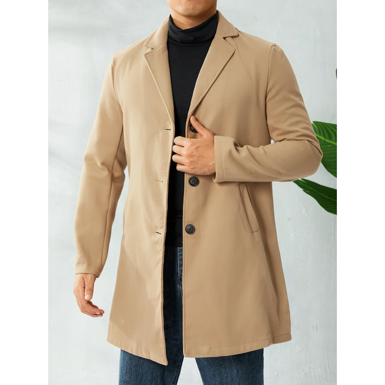 Men Woolen Trench Coat Long Sleeve Lapel Long Overcoat Turn-Down