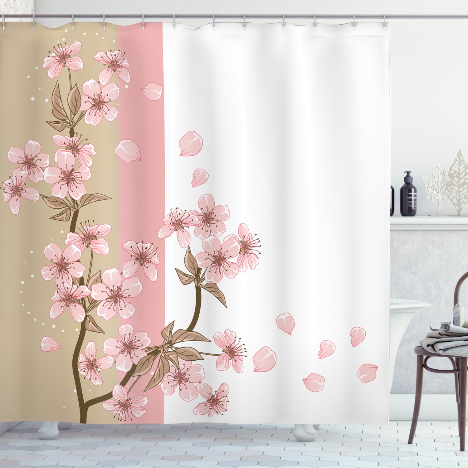 Ambesonne Cherry Blossom Shower Curtain Cloth Fabric Bathroom Decor Set with Hooks 70 Long Japanese Folkloric Themed Sakura Tree Grey Yellow Dark Coral 
