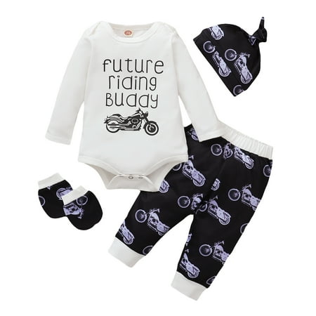 

NZRVAWS Baby Boys Clothes For Winter 0 Months Baby Boys Letter Print 3 Months Baby Boys Romper Top Motorcycle Print Pants Hat 3Pcs Outfits Set White