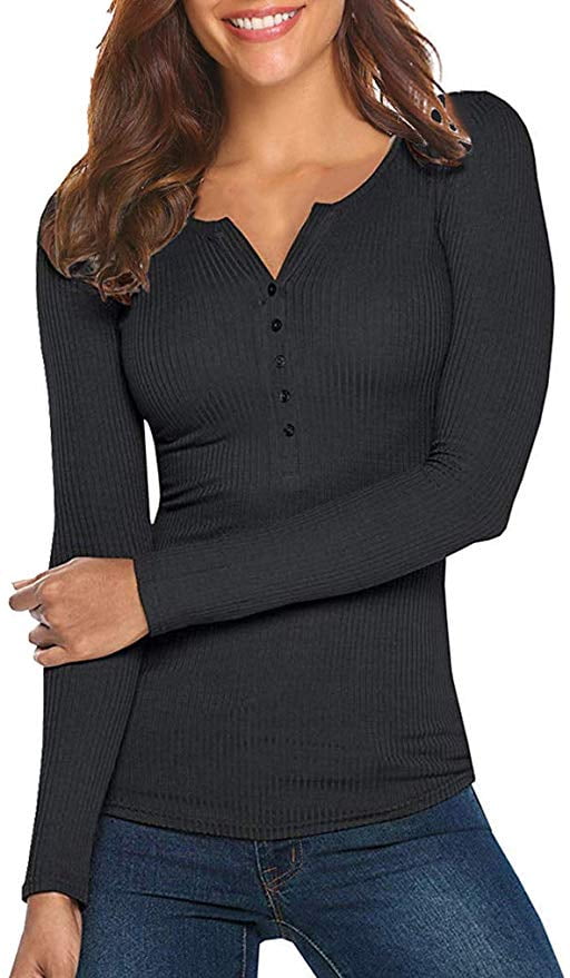 Women's Henley Shirts Long Sleeve V Neck Ribbed Button Knit Sweater ...