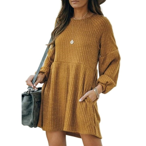 Avamo Ladies Loose Swing Knitted Short Dress Holiday With Pockets