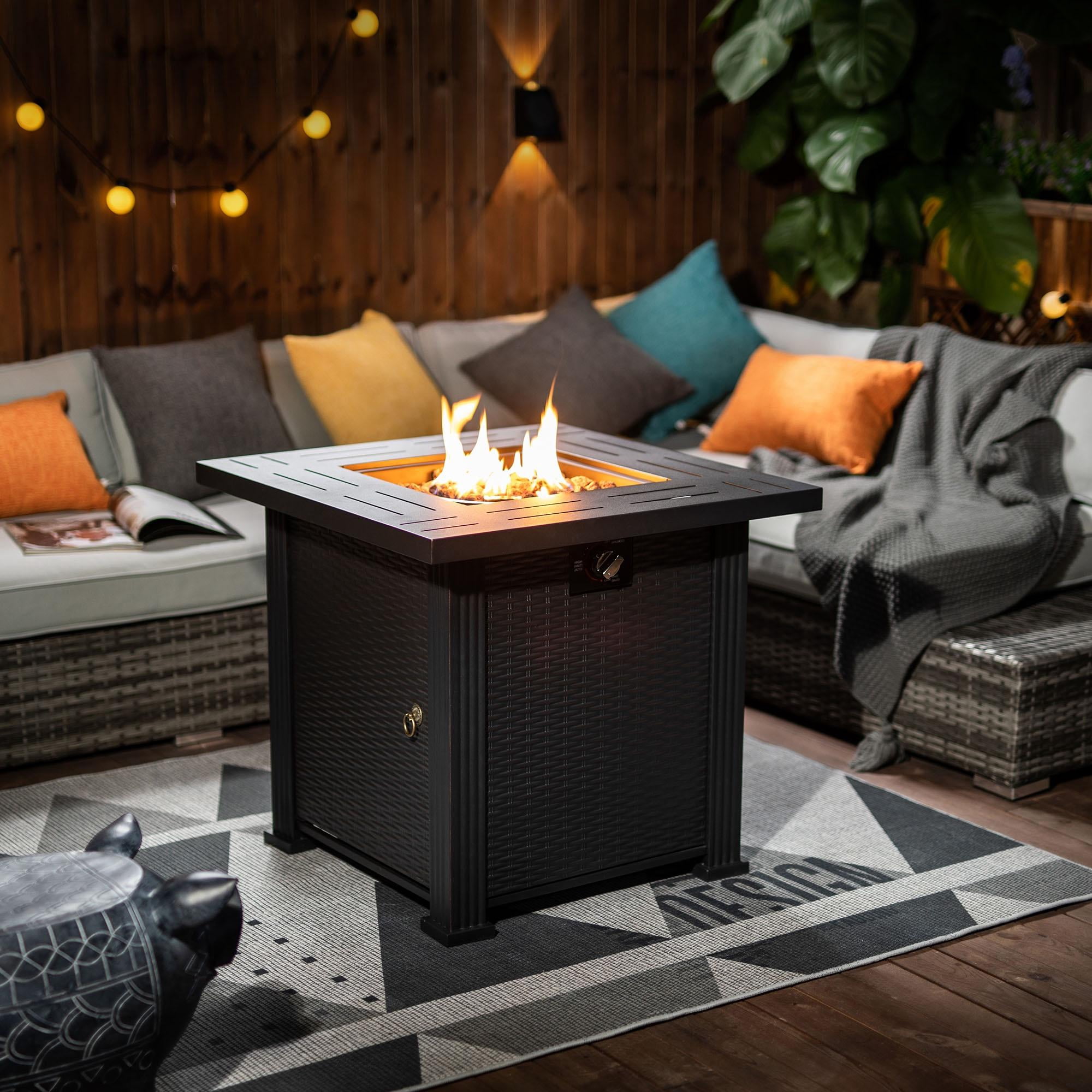 2-in-1 Propane Fire Pit Table, Outdoor Table with Fire Pit, 28 Inch 50,000 BTU Auto-Ignition Gas Fire Pit Table with Lid and Lava Rock, Square Fire Table for Yard Patio Garden