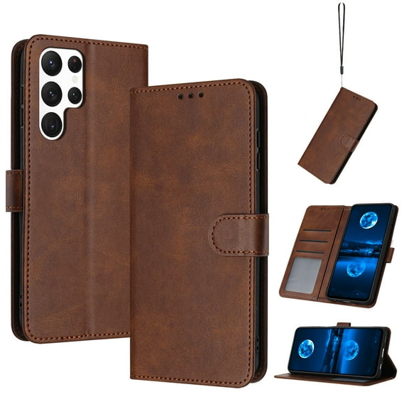 Designed for Samsung Galaxy S25 Ultra Case Wallet, Men Women Flip Folio Cover with PU Leather Stand Credit Card Holders Slots Wrist Strap Soft TPU Inner Phone Case for Galaxy S25 Ultra, Brown