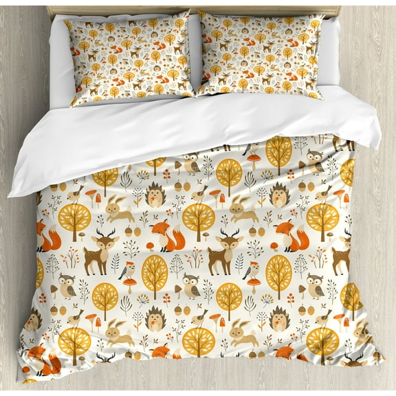 Ambesonne Cartoon Duvet Cover Set, Owls Deers Birds, Calking, Marigold Orange Cream