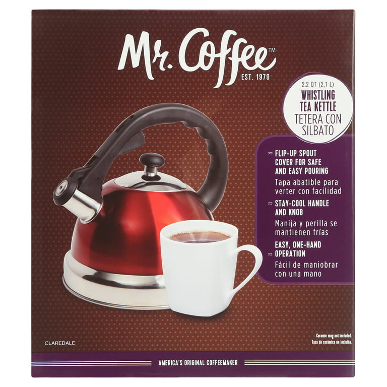 Mr. Coffee Claredale Whistling Tea Kettle, Red, 1.7 quart