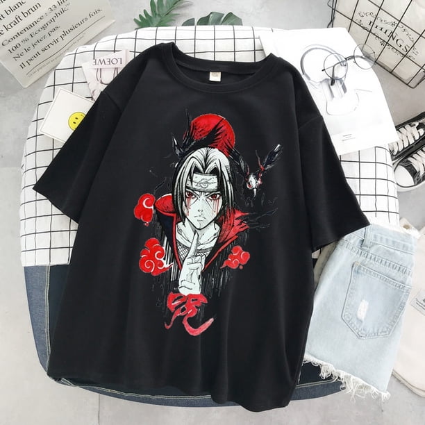 Anime japonés Naruto Sasuke suelto de gran tamaño Top oscuro O-cuello Casual camisetapangjing