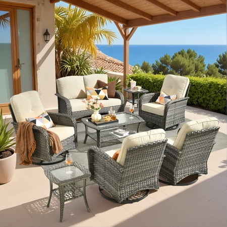 Vcatnet Patio Outdoor Furniture 8 Pieces Wicker Rattan Sectional Sofa Patio Conversation Set with Swivel Rocking Chairs and Coffee Table Beige
